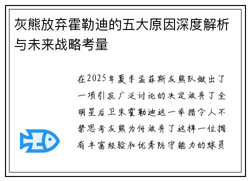 灰熊放弃霍勒迪的五大原因深度解析与未来战略考量